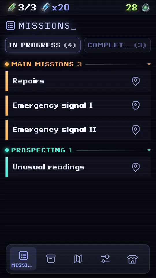The mission log grouped by category